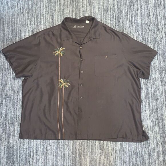 Caribbean Mens Size 3X Button Front Shirt Brown Embroidered Palm Trees‎ Motif - Picture 1 of 6